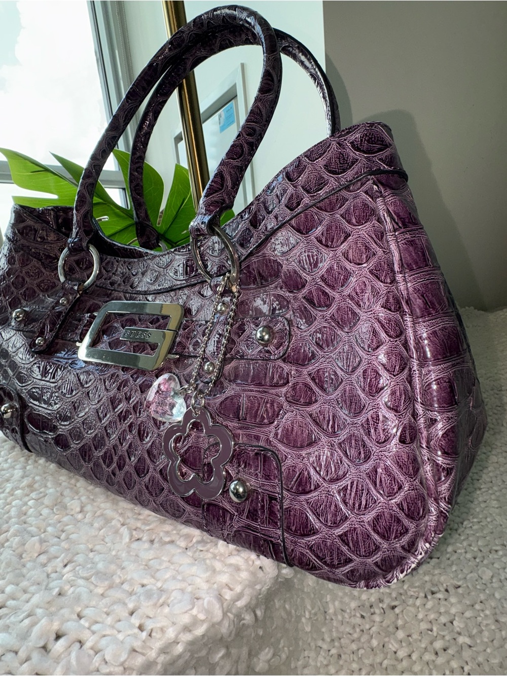 Vintage Y2K GUESS Purple Plum Croc Satchel Shoulder Bag Large G Charm Rare 2000s - Picture 8 of 14